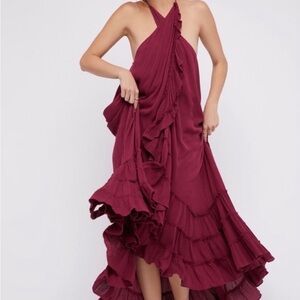 Free People Red Ruffled Backless Halter Maxi Dress